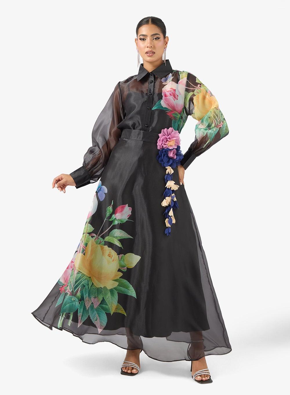 Vt8922 Black Floral Maxi Shirt Top & Skirt Set - Image 1