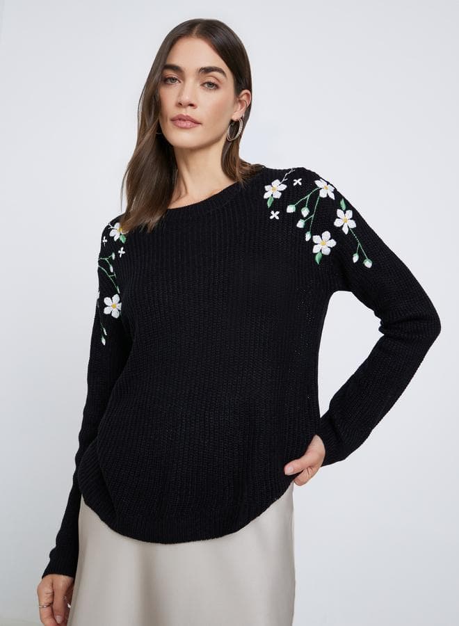 Styli Black Floral Embroidered Chunky Knit Sweater - Image 1