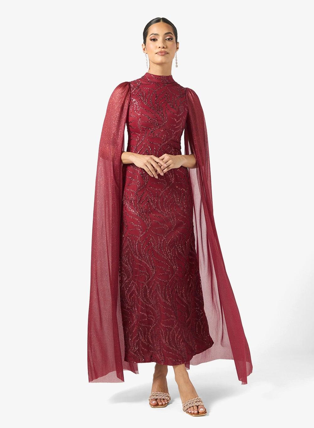 Burgundy Shimmer Maxi Dress AF140273 Statement Sleeves - Image 1