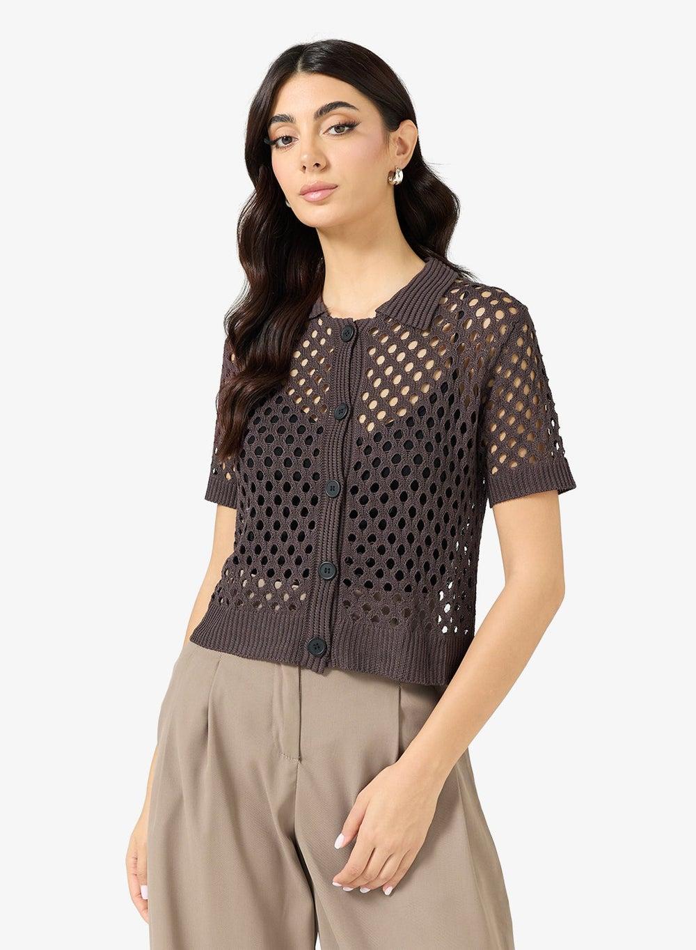 Brown Crochet Button-Down Cardigan Ly250785 - Image 1