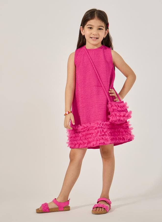Hot Pink Textured Ruffle Hem Sleeveless Dress 2112226128 - Image 1