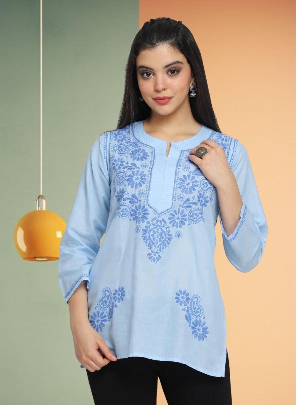 Denim Chikankari Cotton Kurti AL3405 - Image 1