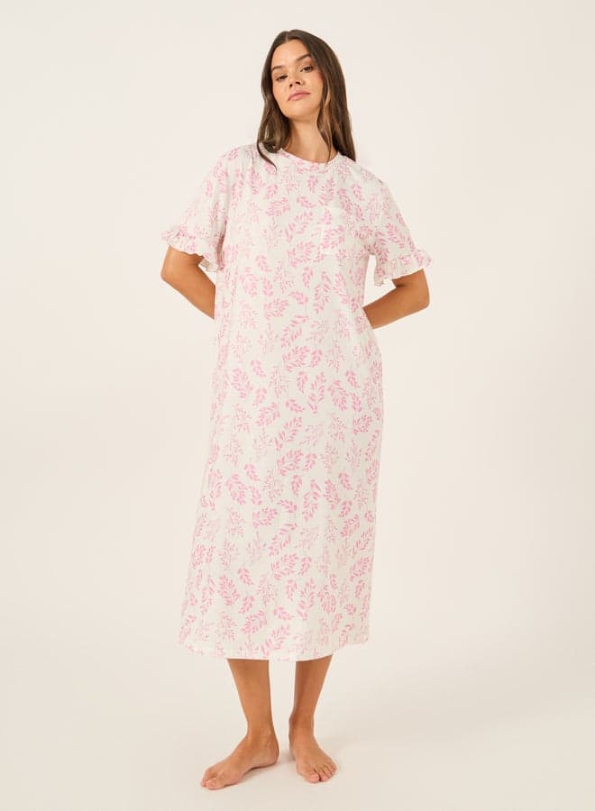 Styli 7012721928 Pink Leaf Print Sleep T-Shirt - Image 1