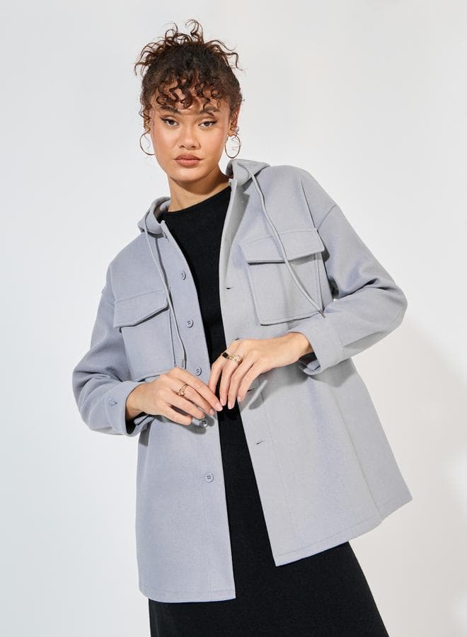 Grey Oversized Longline Hooded Wool-Like Shacket 7008978414 - Image 1