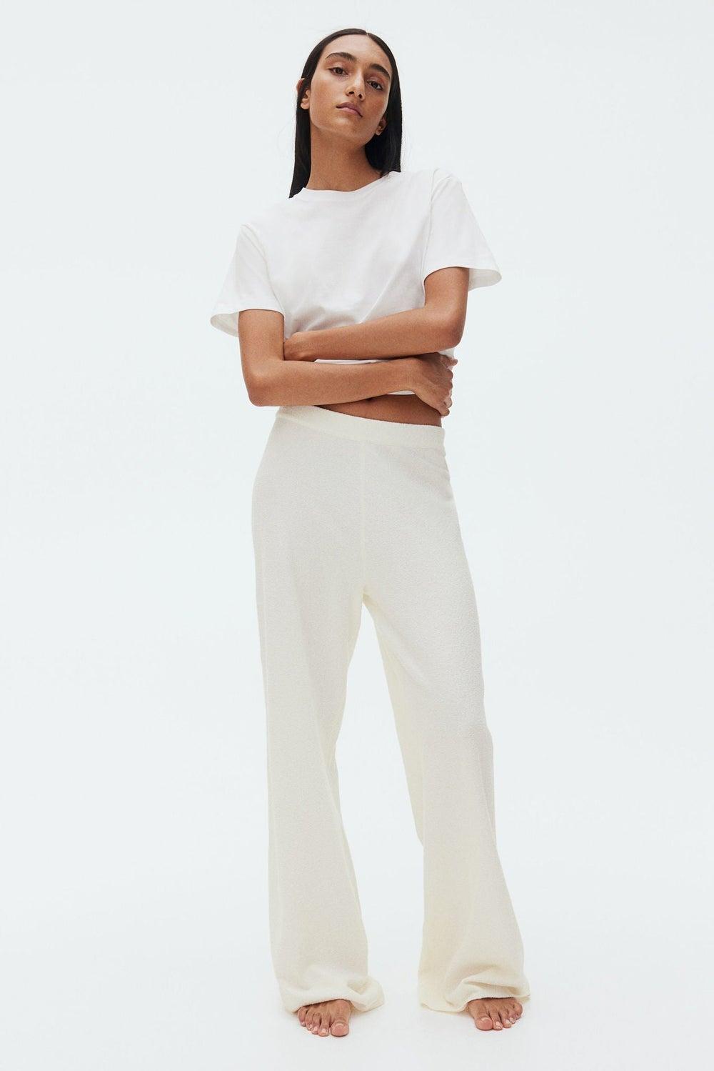 Light Beige Bouclé Knit Wide-Leg Trousers - Image 1