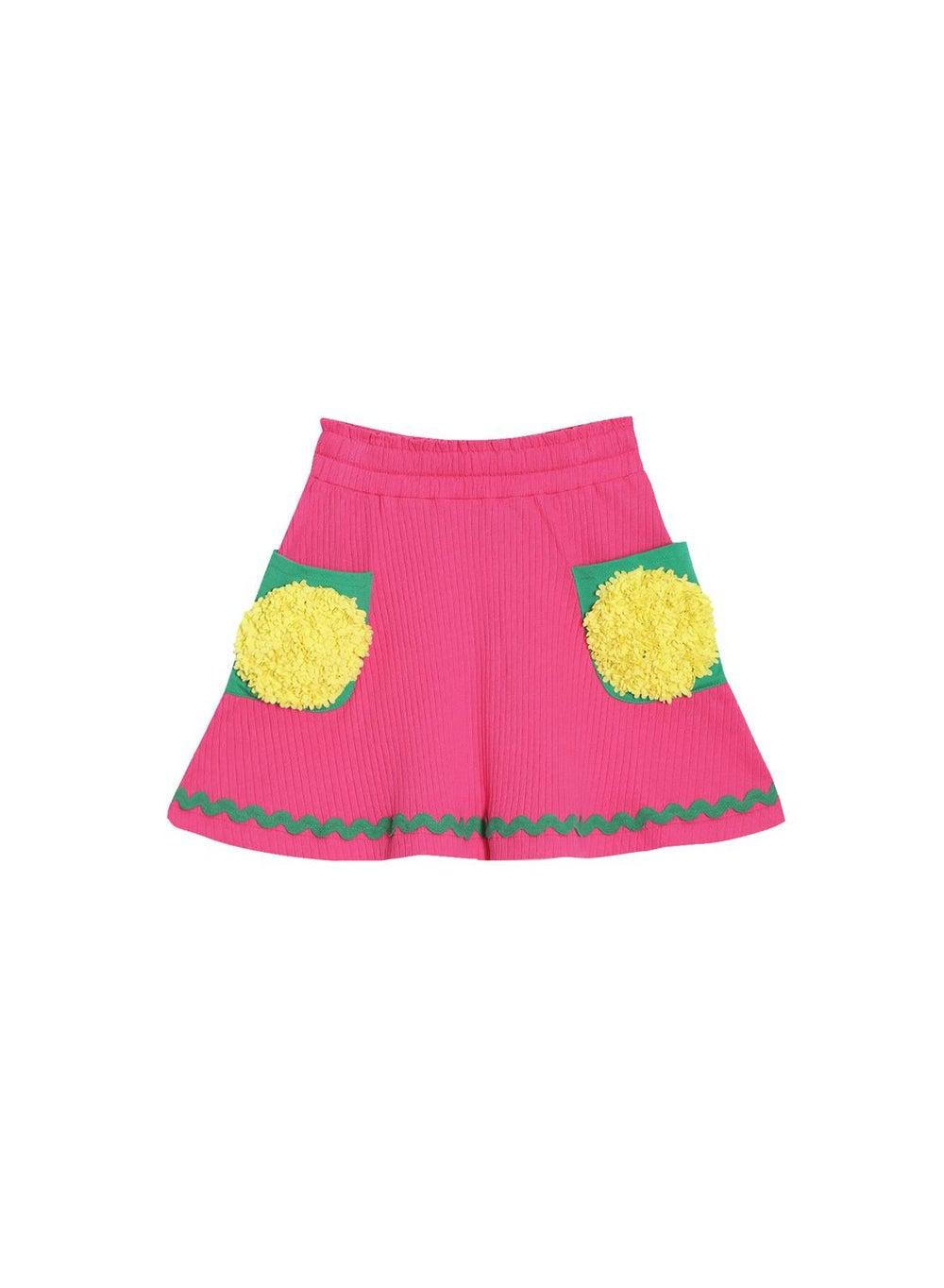 Flower Power Pink Ribbed A-Line Skirt with Appliqué Pockets - Image 1