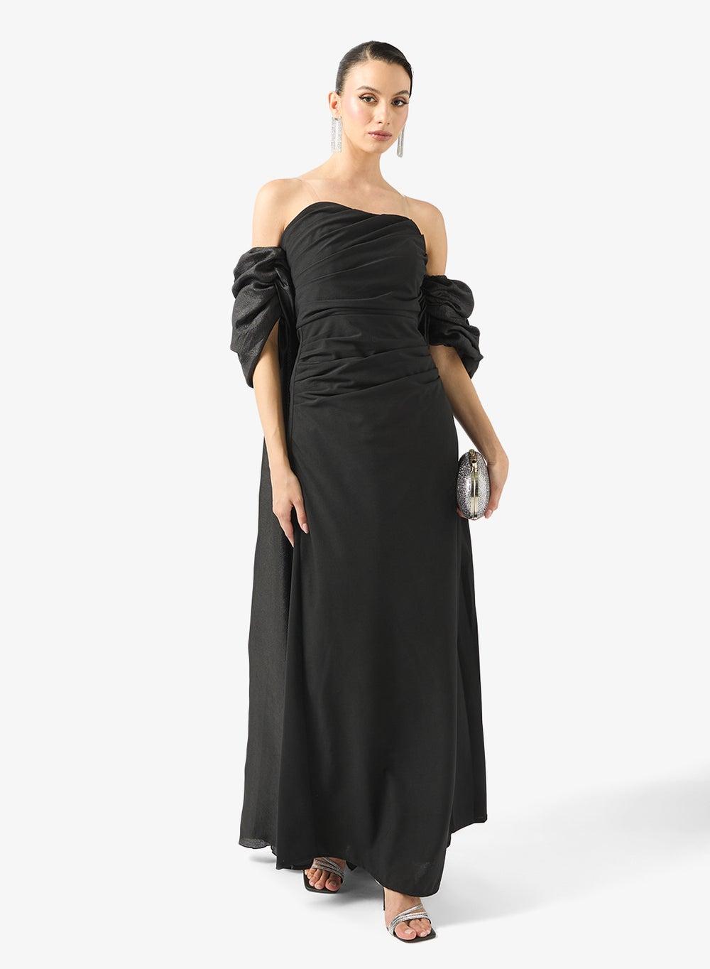 Black Off-Shoulder Maxi Dress with Elegant Back Trail Nac229 - Image 1
