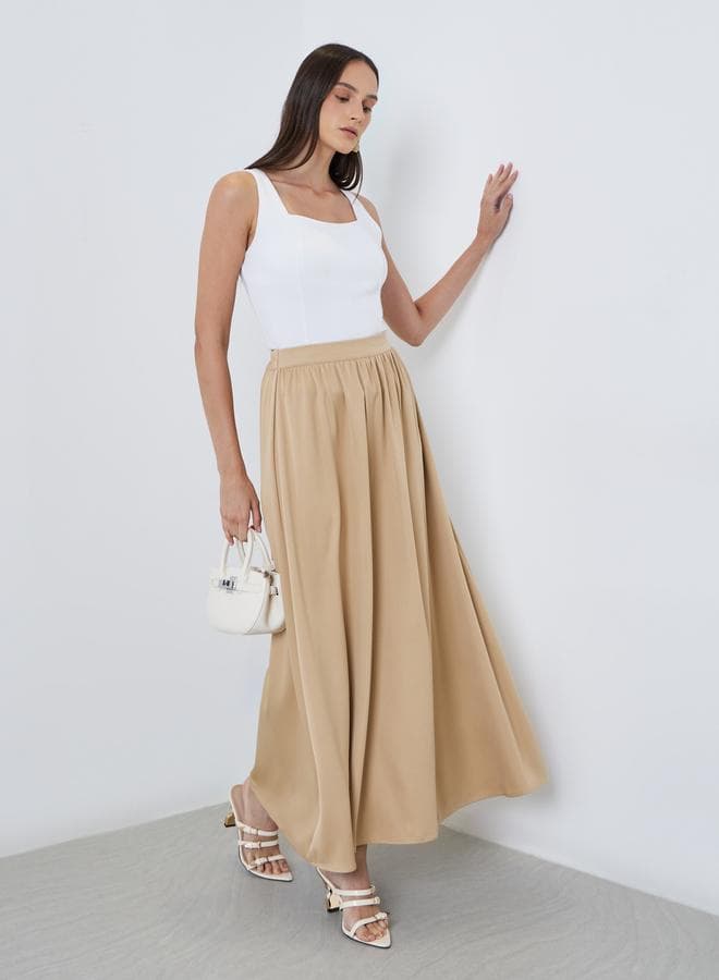 Styli Pleated A-Line Maxi Skirt in Beige - Image 1