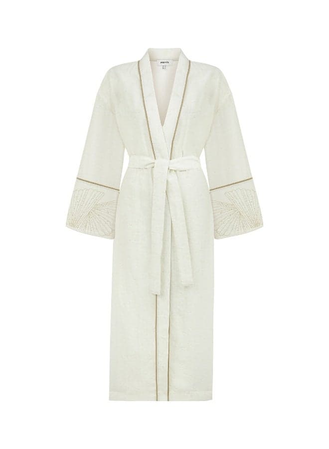 Ecru Embroidered Regular Fit Caftan Coat - Image 1