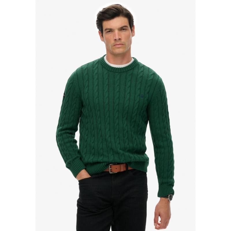 Forest Green Cotton Cable Knit Crew Sweater - Image 1