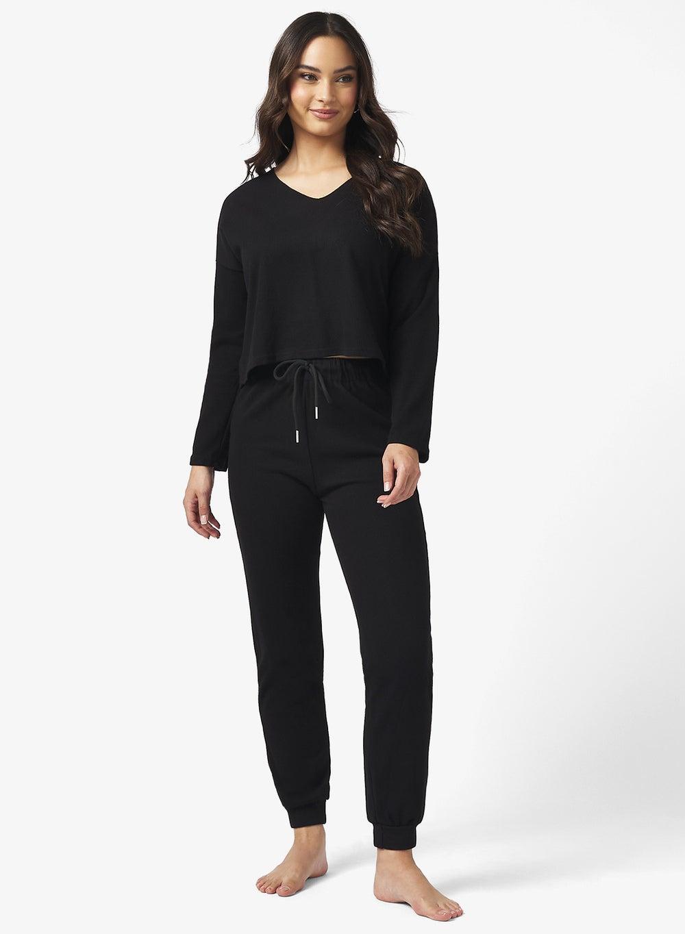 Gbl604 Black Fine Knit V-Neck Lounge Set - Image 1