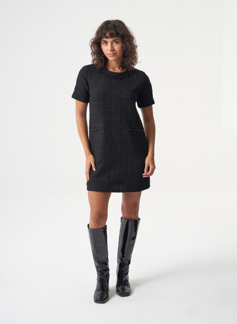 Textured Black Mini Dress Half-Zip Shift - Image 1