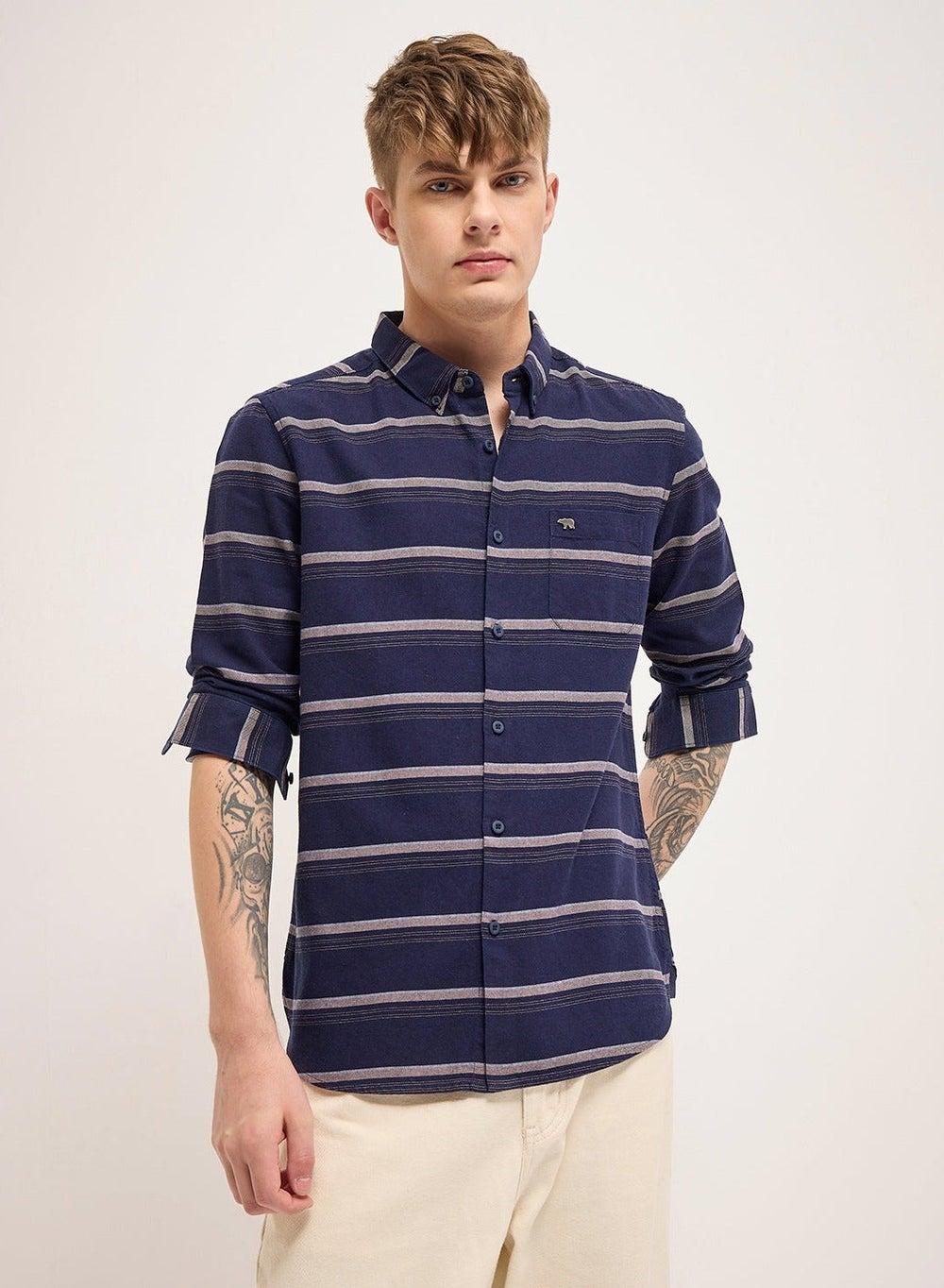 Dav Navy Blue Striped Cotton Shirt Slim Fit - Image 1