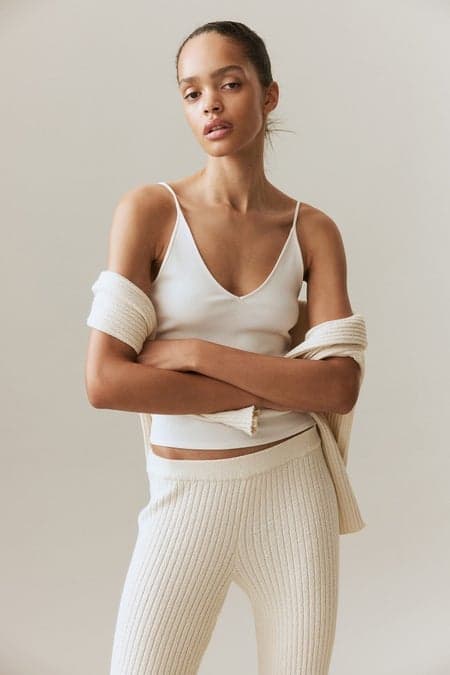 Cream Rib-Knit Flared Trousers Mid-Rise Skinny Fit - Image 1