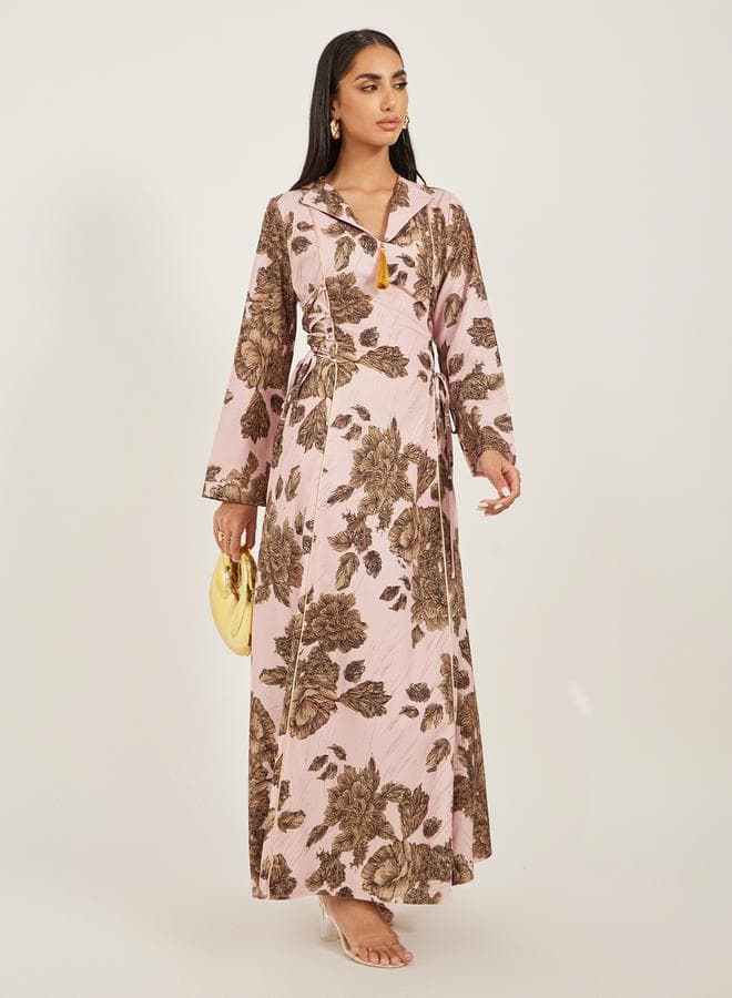 Floral Jacquard Pink Jalabiya 7012146628 with Tassels - Image 1