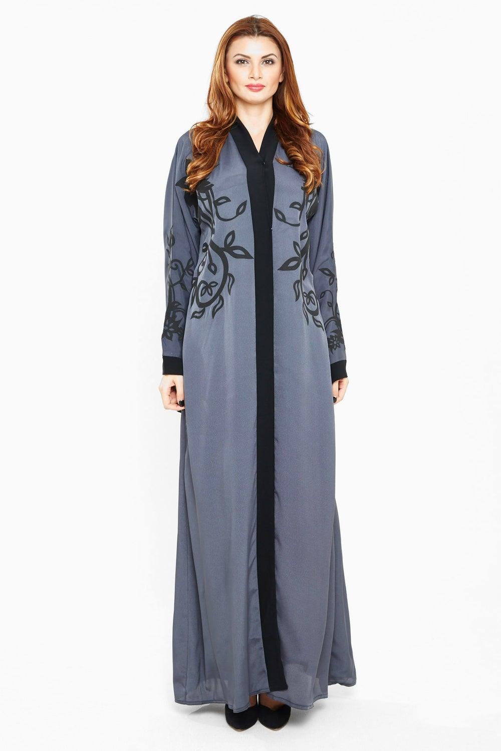 Grey Floral Lace Beaded Abaya AJ427A - Image 1