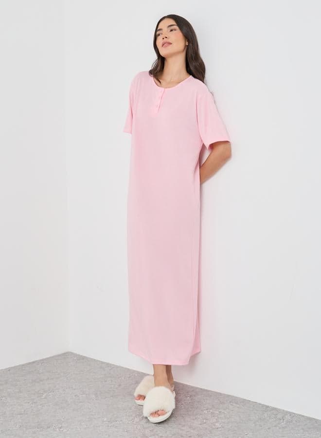 Solid Button Neck Pink Sleep T-Shirt Dress - Image 1