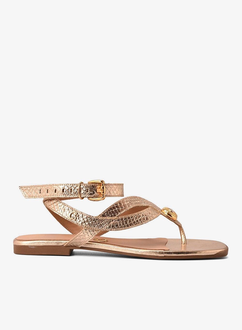 Flat Snake Gold Sandals with Buckle Detail - Image 1
