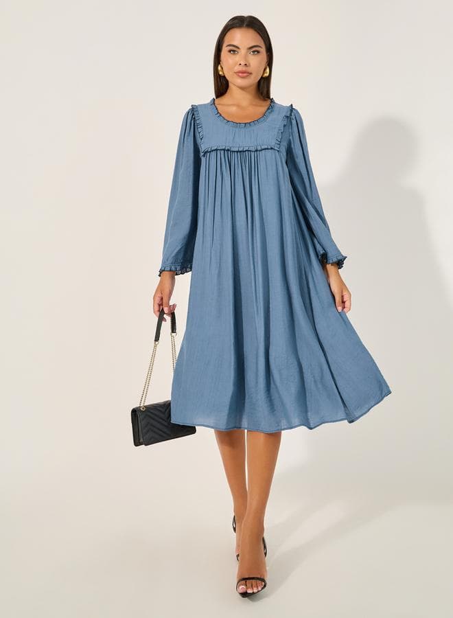 Cornflower Ruffled Long Sleeve Midi Dress 7011761803Blue - Image 1