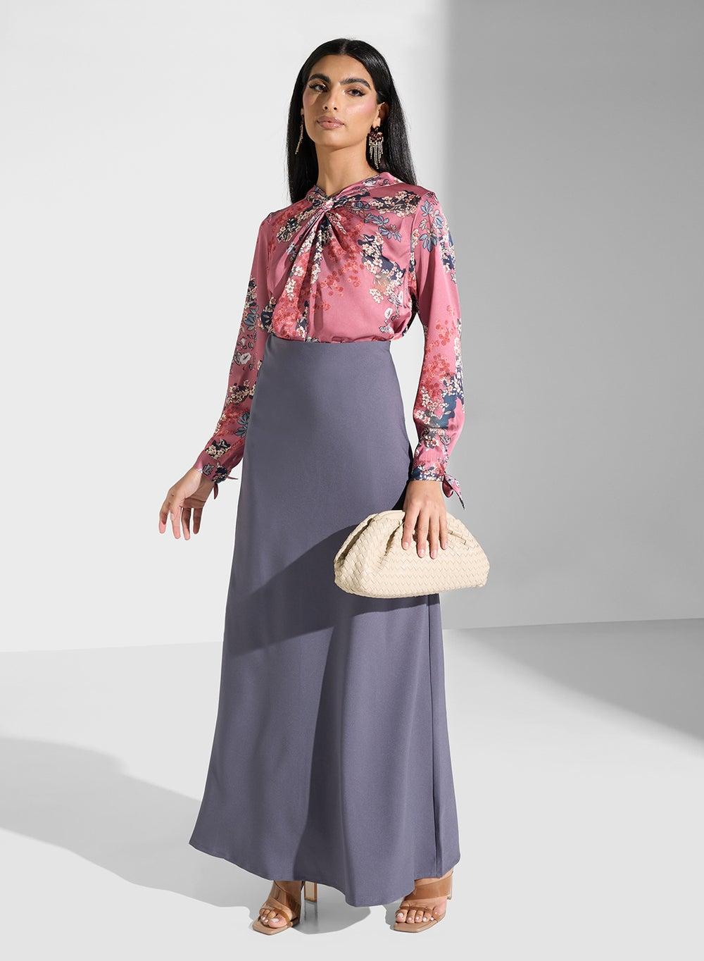 Grey Maxi Skirt High Rise Polyester Classic Fit - Image 1