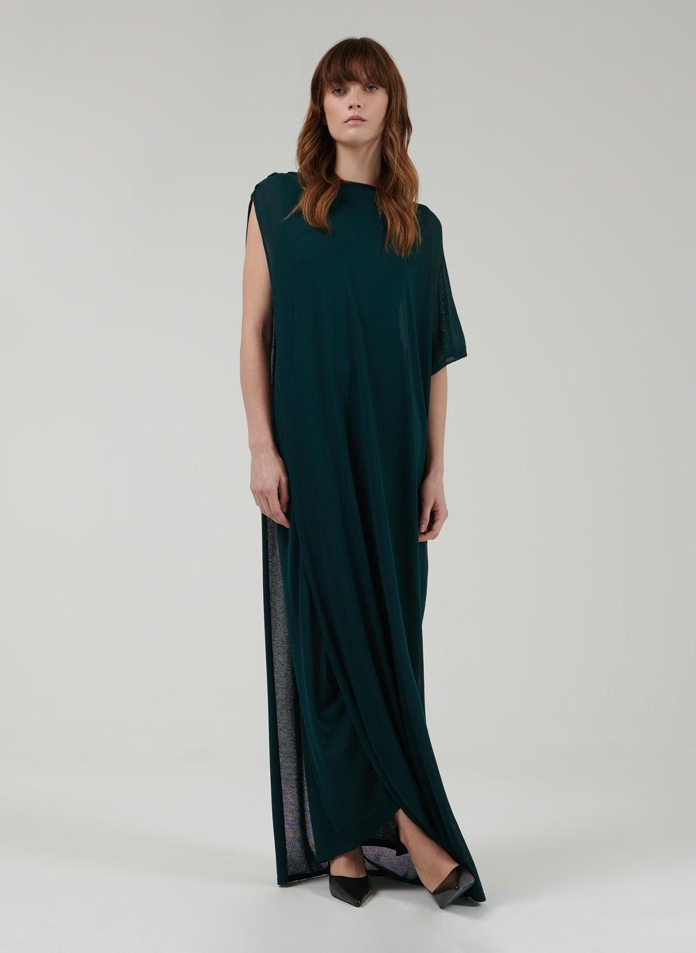 Asymmetric Knitted Kaftan Double-Layer Green Viscose Blend - Image 1