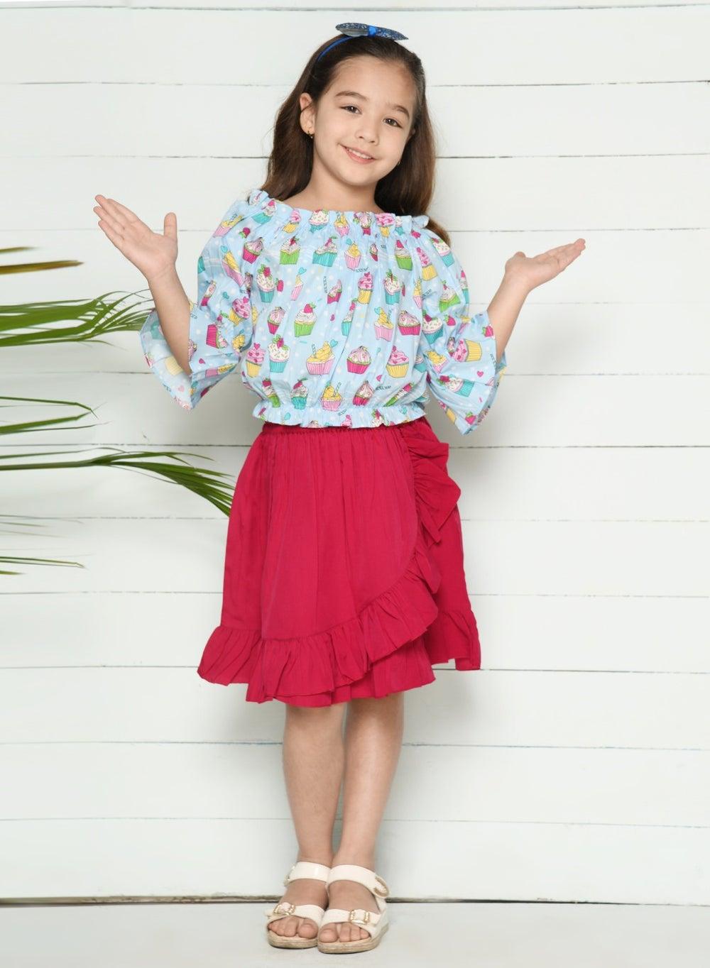 Girls Muffin Print Wrap Skirt Set Blue Red - Image 1