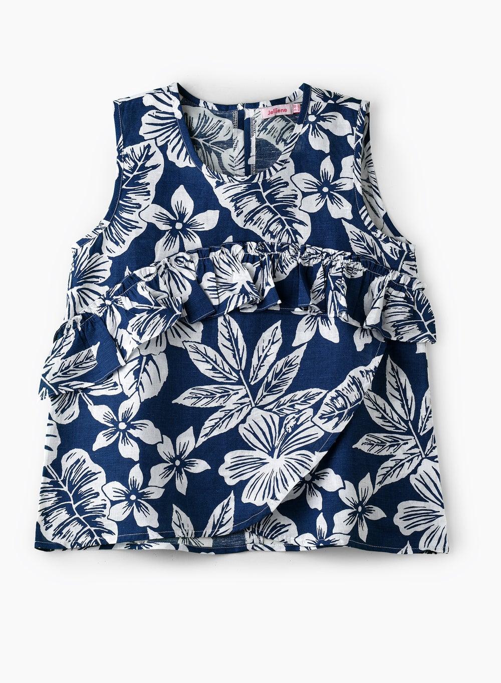 Girls Blue Floral Ruffle Cotton Summer Top Rtng1135 - Image 1