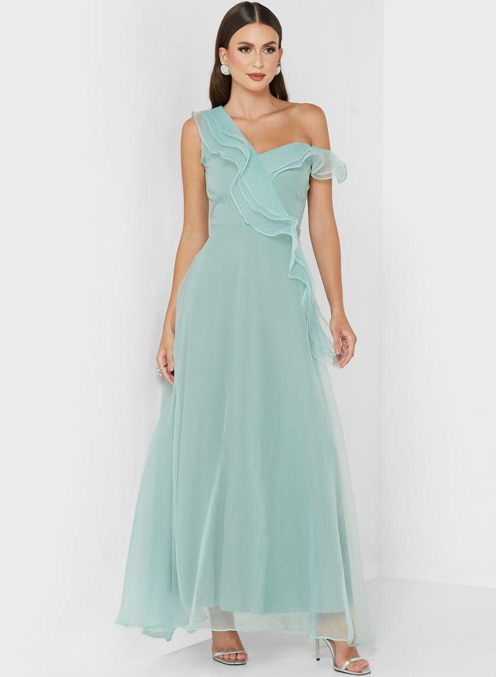 Sea Green One-Shoulder Ruffled Maxi Dress Tcr3001 - Image 1