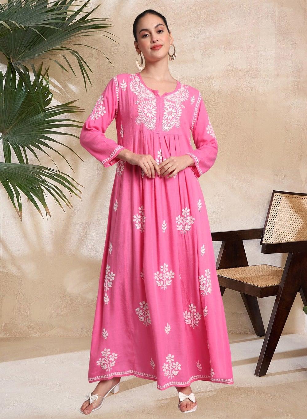 Hot Pink Chikankari Rayon Jalabiya AL4012 - Image 1