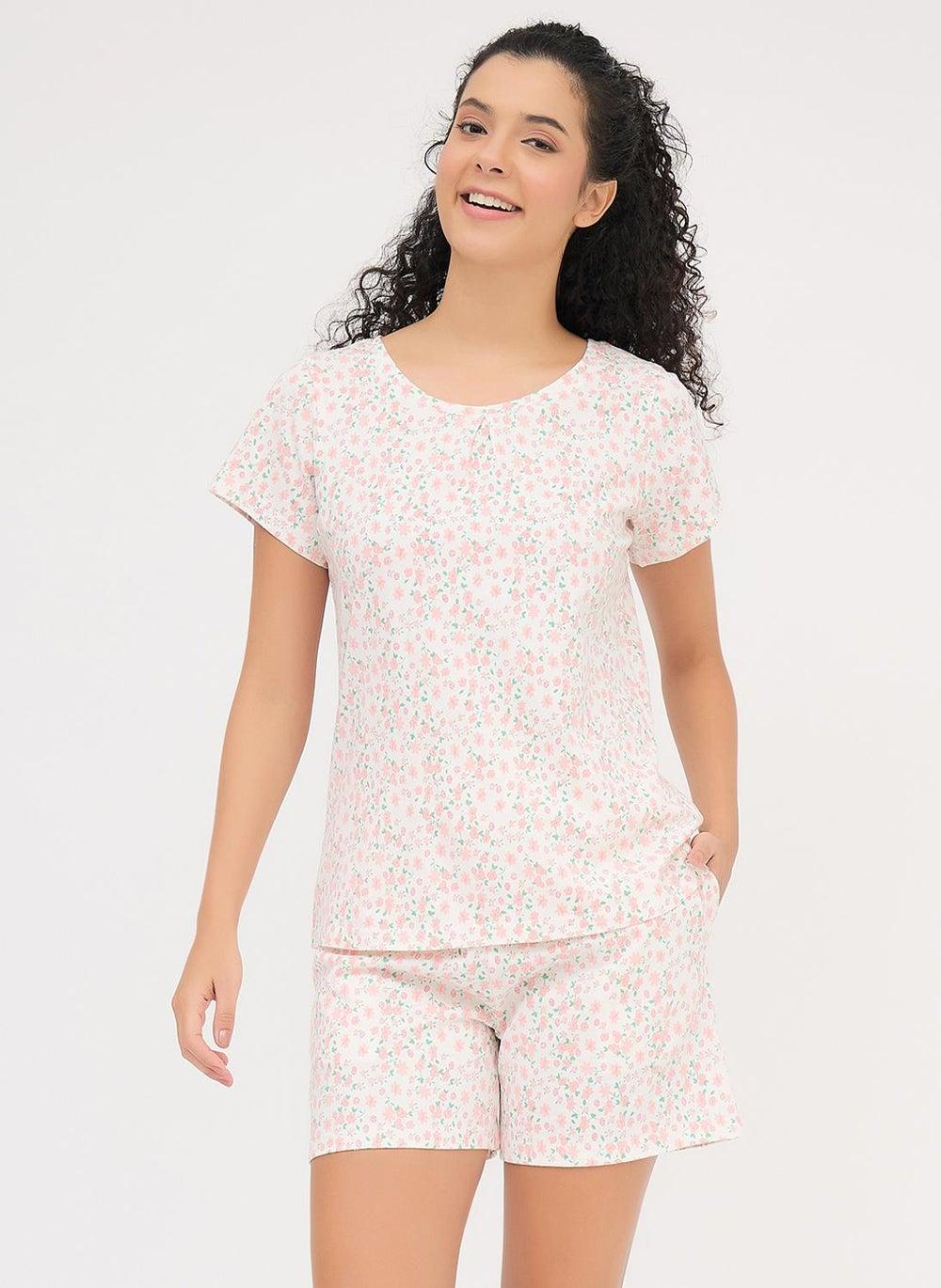 Clovia White Floral Cotton Top & Shorts Set Ls0763P18 - Image 1