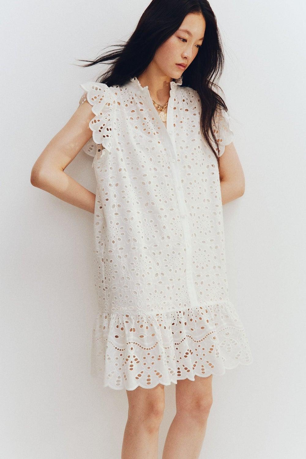 White Broderie Anglaise Mini Shirt Dress - Image 1