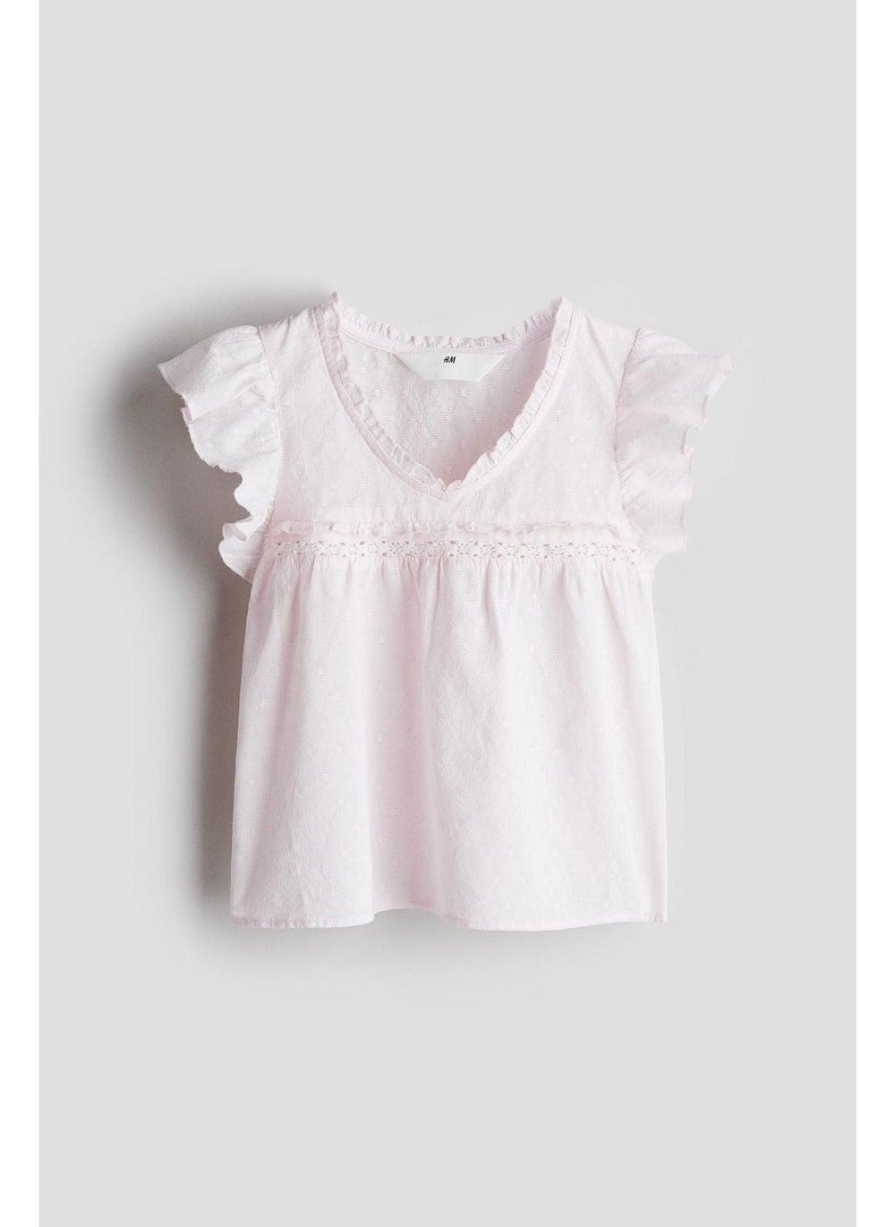 Girls Pink Frill-Trim Cotton Jacquard Blouse - Image 1