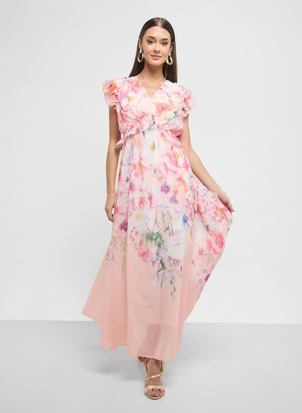 Floral Chiffon Maxi Dress 2720 V-Neck Elegance - Image 1