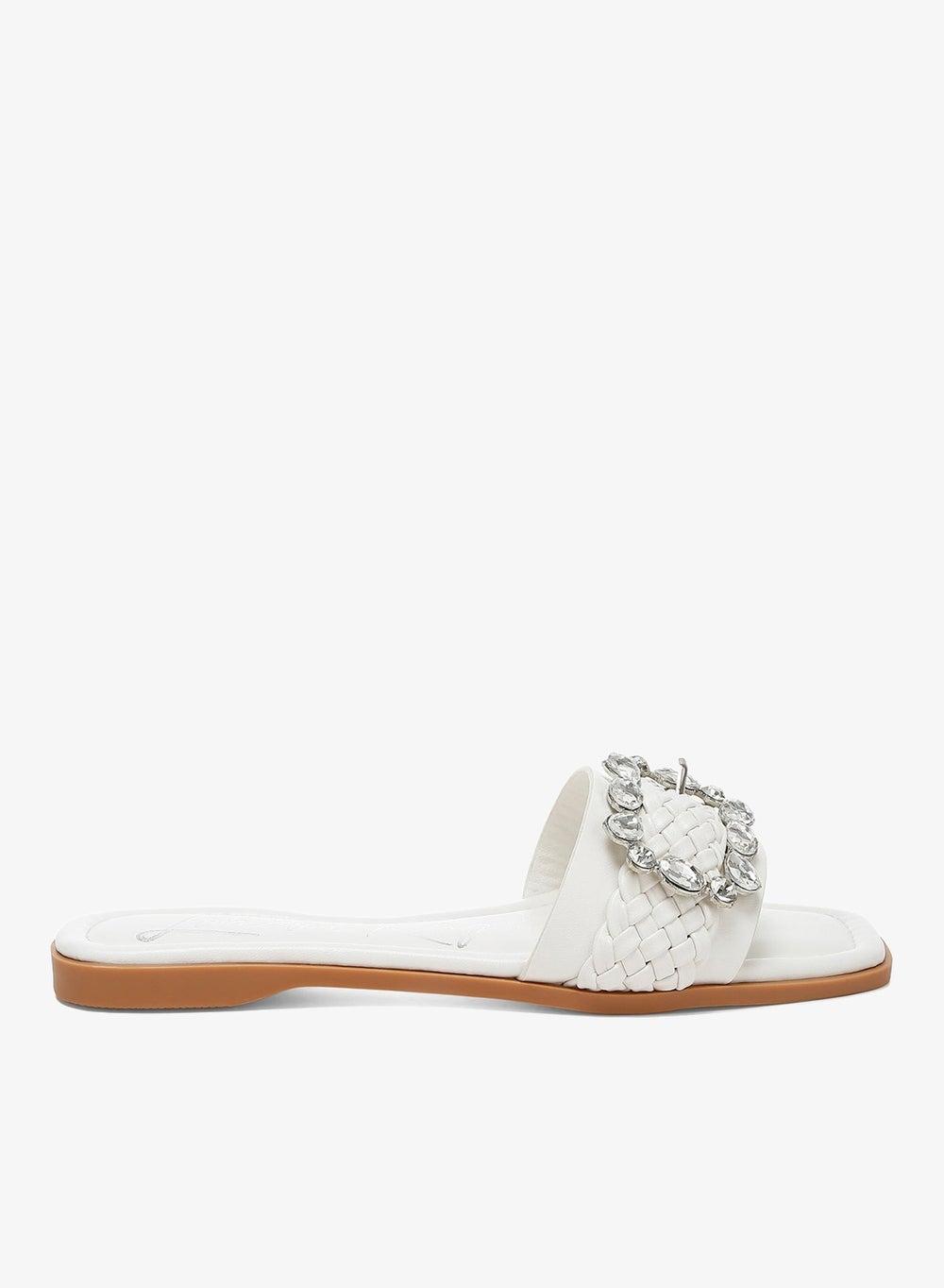 White Diamante Flat Sandals Sh4857 Elegant Evening Style - Image 1
