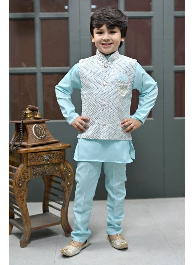 Ice Blue Festive Kurta Pyjama Waistcoat Set Boys - Image 1
