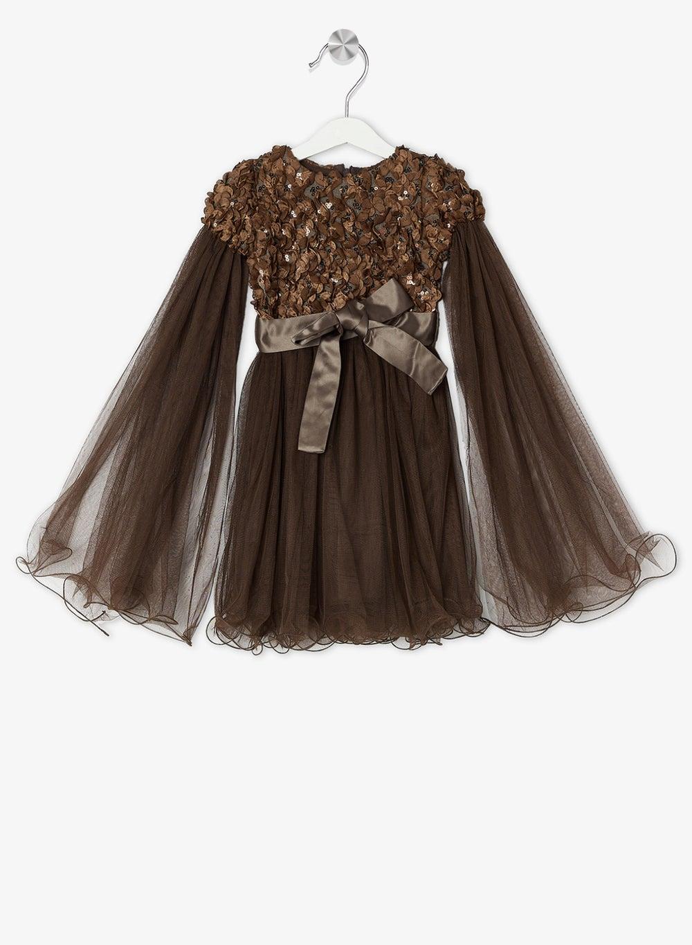 Chocolate Sequin Bodice Tulle Midi Dress - Image 1