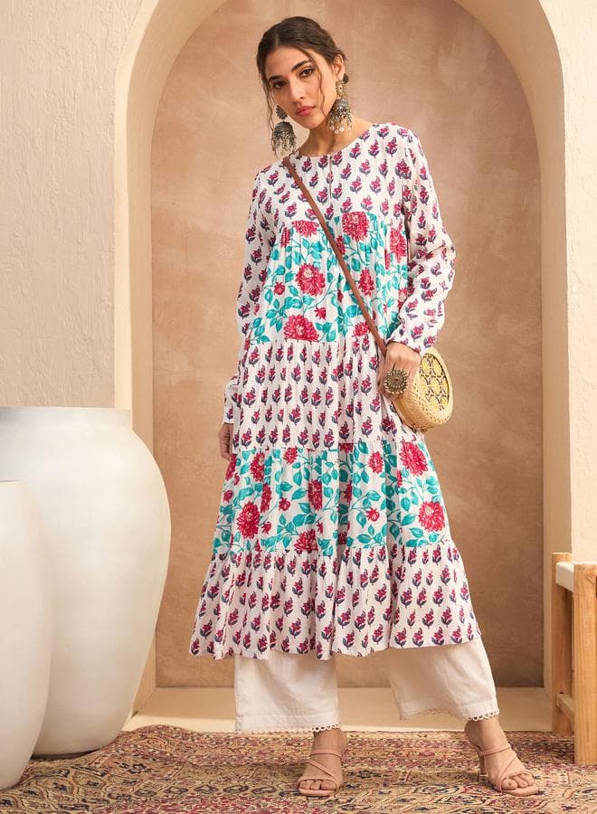 SASSAFRAS White Floral Tiered Viscose Kurta - Image 1