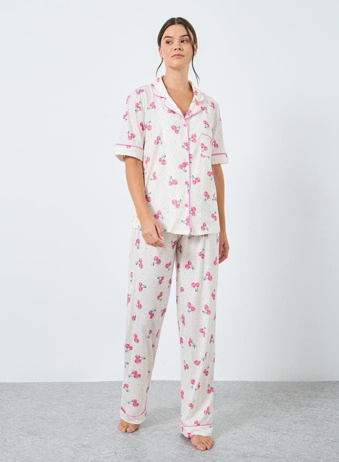 Styli Cherry Spot Print Piped Pyjama Set - Image 1