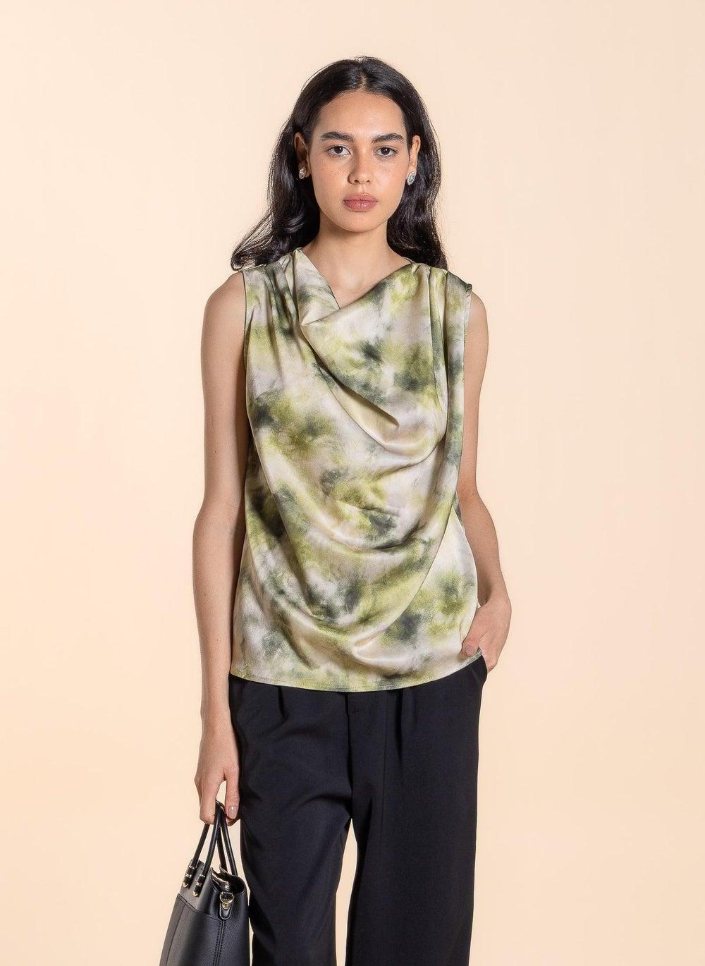 Draped Printed Satin Top – Green Cowl Neck Blouse - Image 1