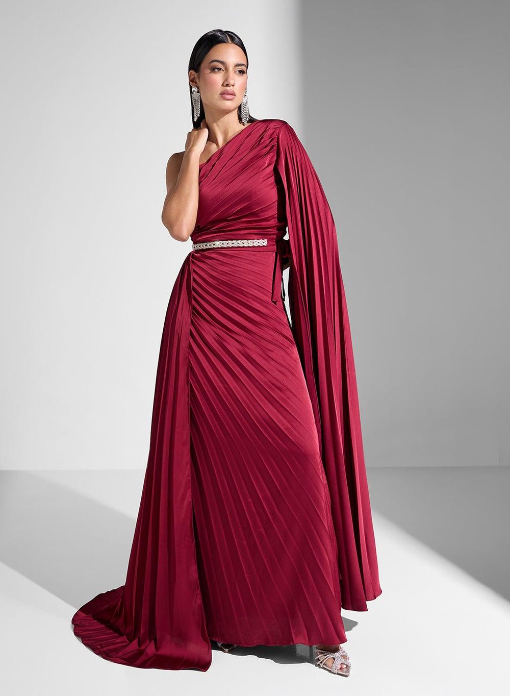 Burgundy Pleated One-Shoulder Maxi Dress with Cape Sleeve - Image 1