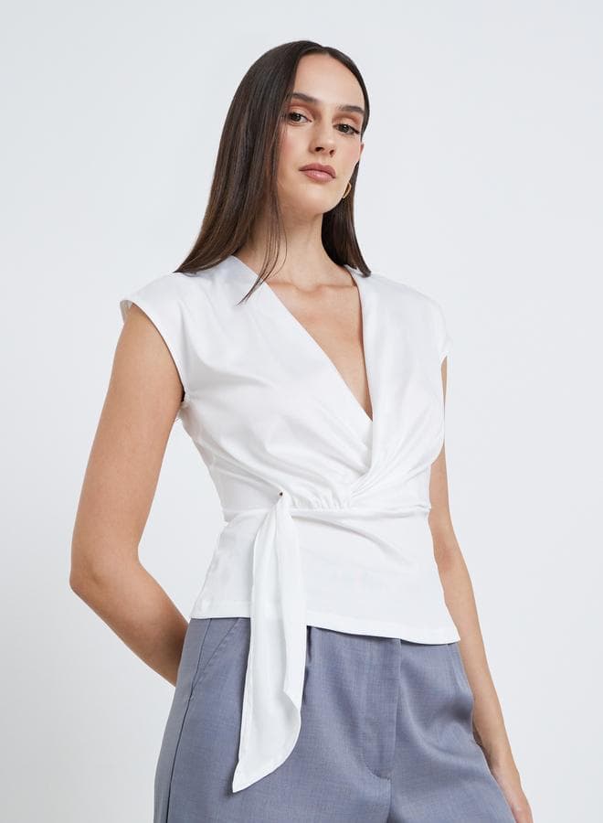 Styli White Knot Front Wrap Top V-Neck - Image 1