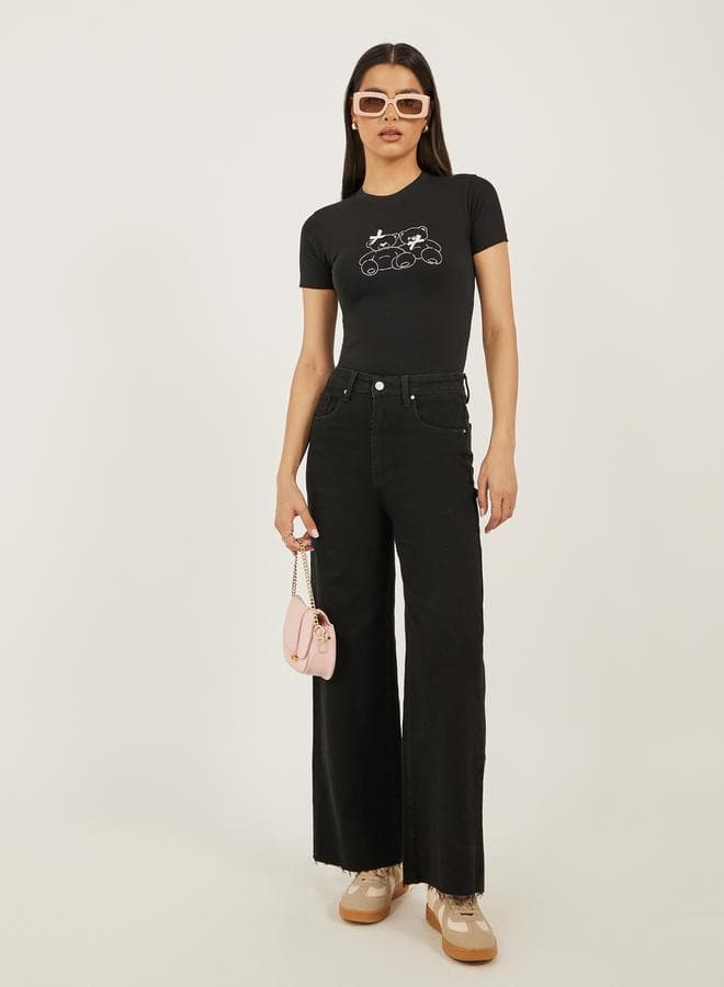 High Rise Rivet Detail Wide Leg Black Jeans - Image 1