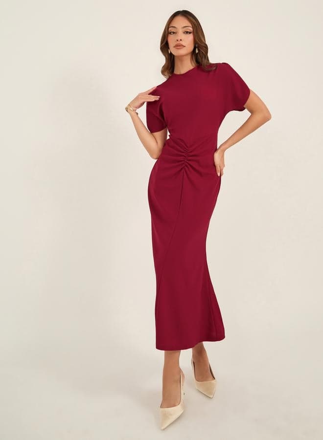 Burgundy Ruched Bodycon Midi Dress 7011744630Red - Image 1