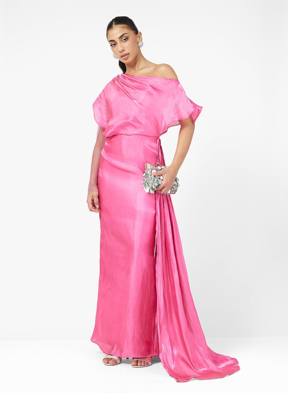 Nac302 One-Shoulder Shimmer Sleeve Maxi Drape Dress - Image 1