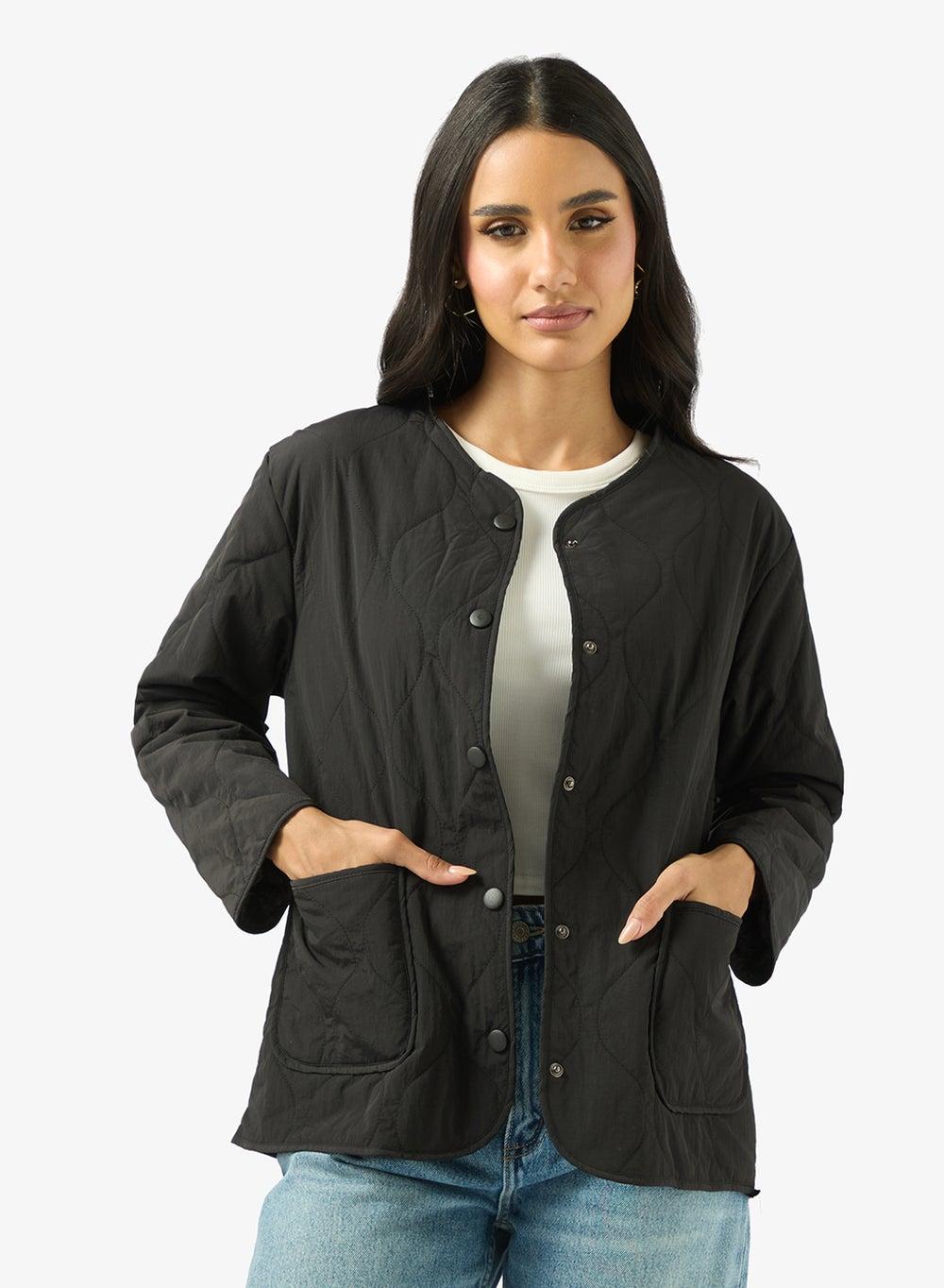 Quilted Pattern Longline Jacket 25061118 Black - Image 1