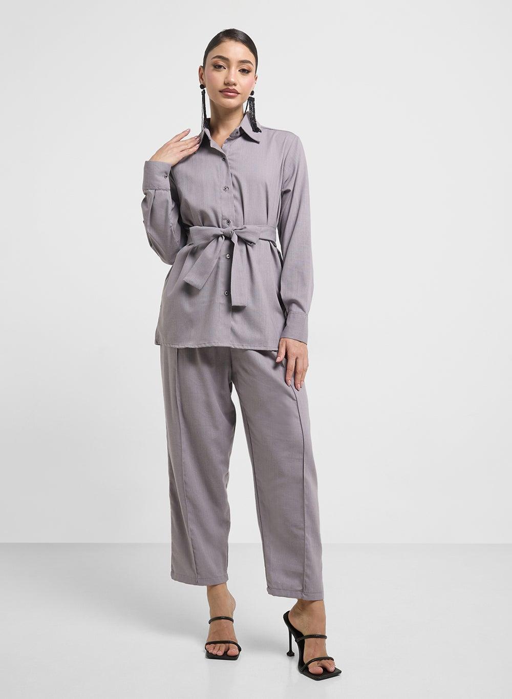 Grey Button-Down Blouse & Pants Set Ss25Tw023 - Image 1