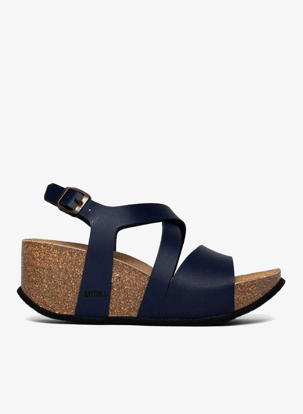 Malaga Navy Strappy Mid Heel Platform Wedges - Image 1