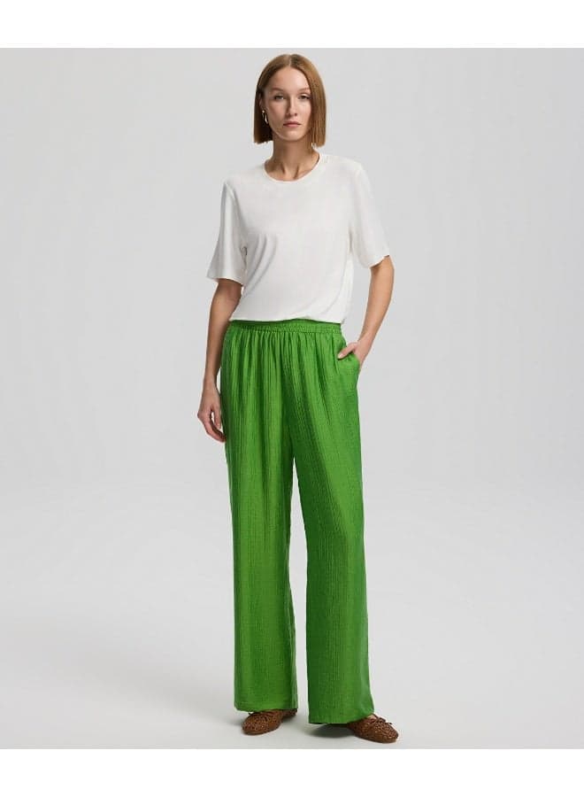 Relaxed Fit Textured Green High-Rise Trousers - Image 1