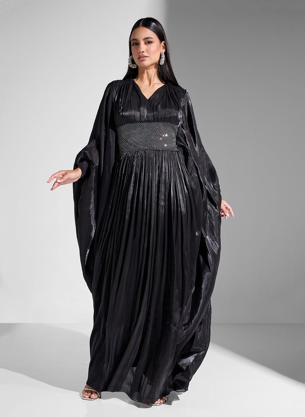 Pleated Satin Maxi Dress with Embellished Belt - Image 1