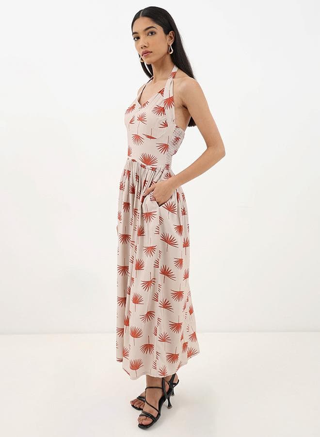 Beige Palm Print Halter Midi Dress A-Line - Image 1
